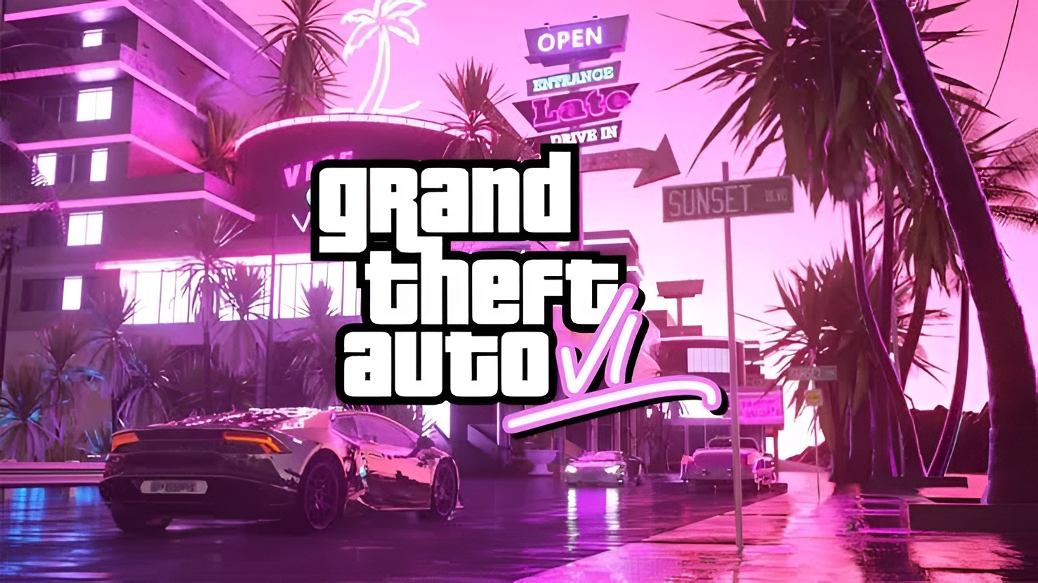 Neon-soaked Vice City boulevard at night